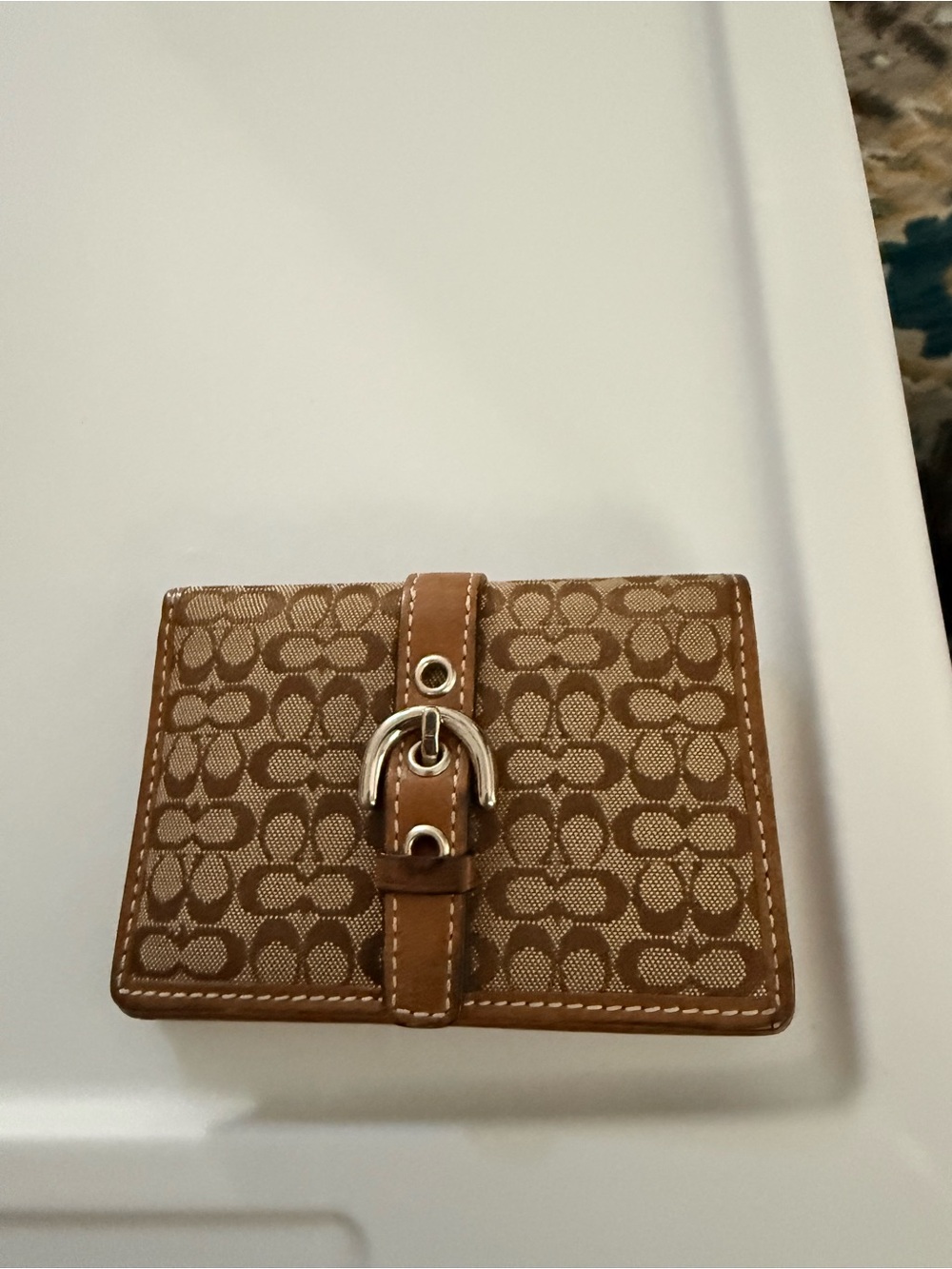 Coach Canvas Monogram Business Card Case with Buckle Accent - Tan